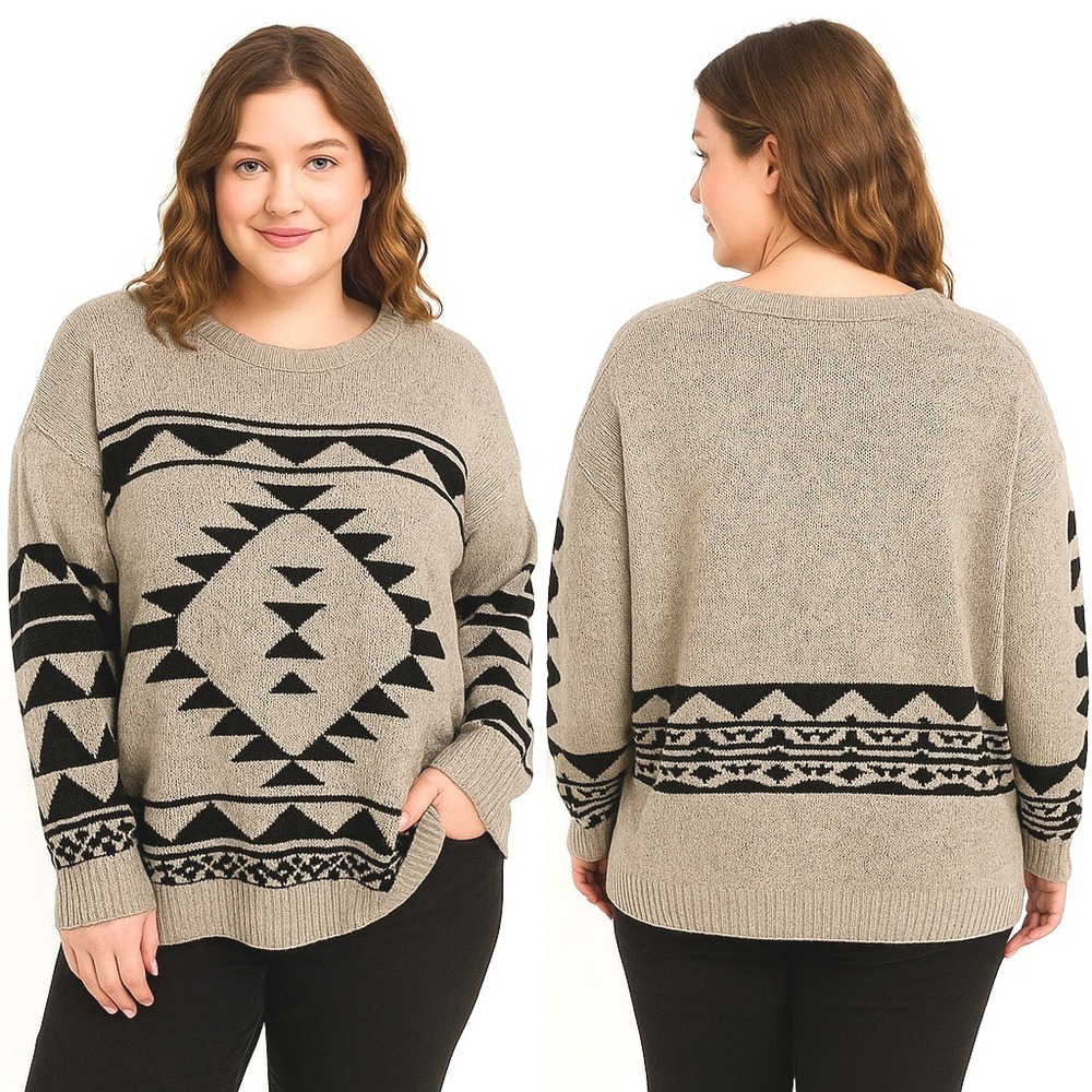 Forever 21‎ Contemporary Large Sweater Oatmeal Black Geometric Modern Casual